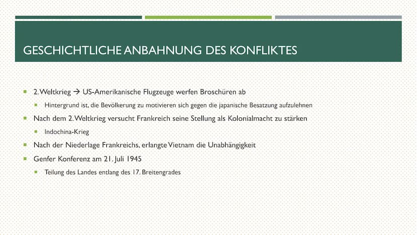 DER VIETNAMKRIEG
EINE KONFLIKTANALYSE THEMEN
Konfliktparteien
* Geschichtliche Anbahnung des Konfliktes
■ Interessen und Argumente der Konfl