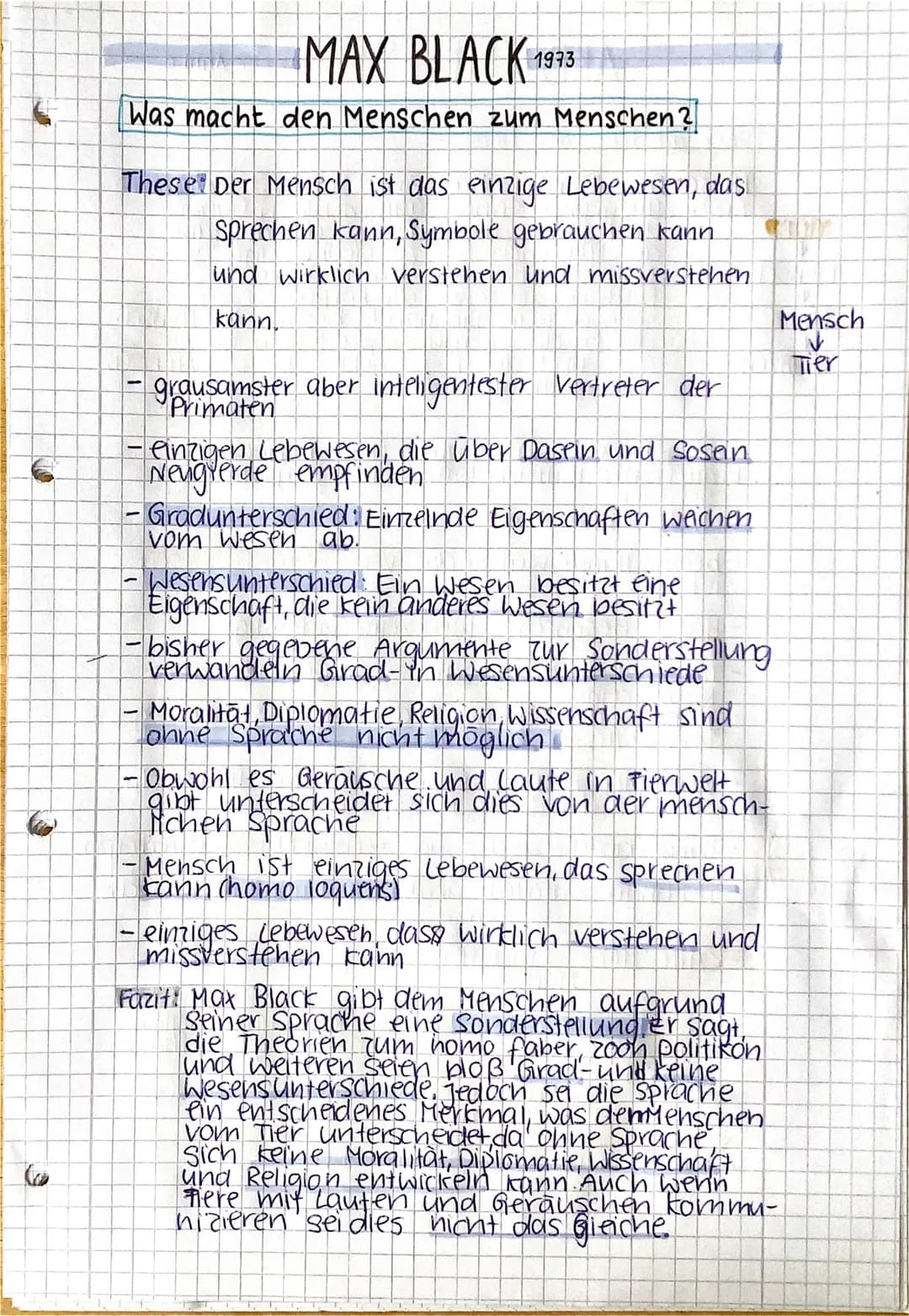 Ca
MAX BLACK 19
Was macht den Menschen zum Menschen?
HITTA
These Der Mensch ist das einzige Lebewesen, das
Sprechen kann, Symbole gebrauchen