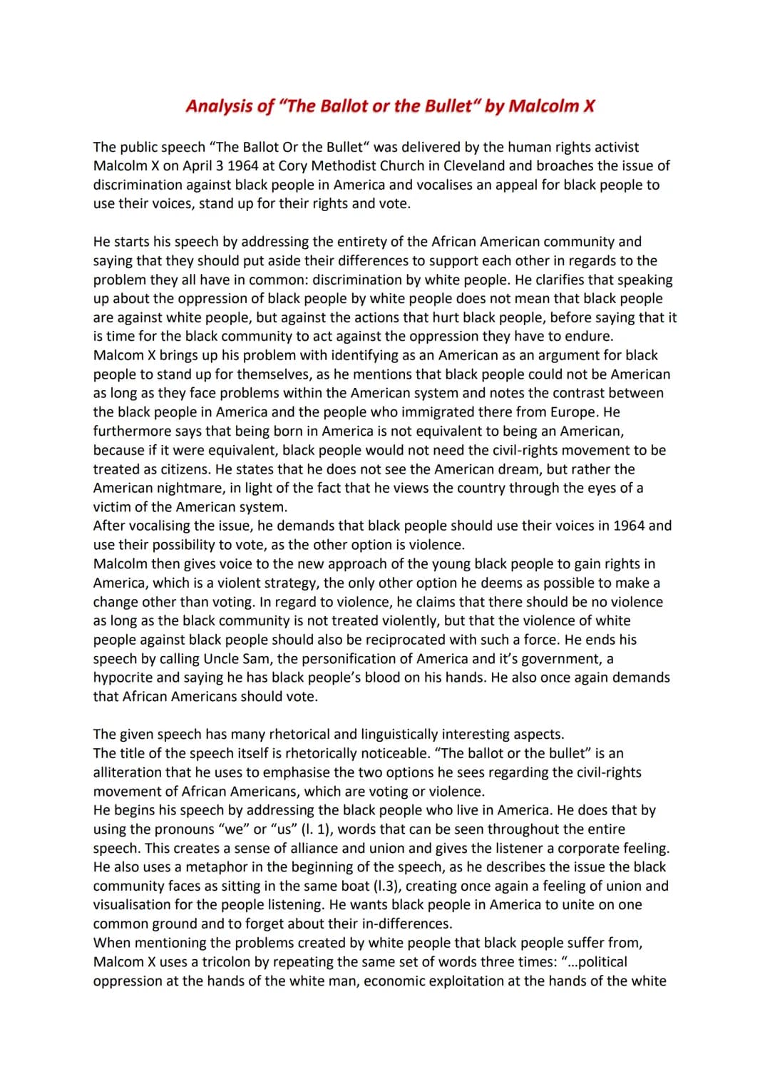 Analysis of "The Ballot or the Bullet" by Malcolm X
The public speech "The Ballot Or the Bullet" was delivered by the human rights activist
