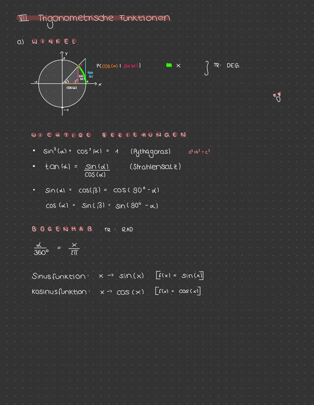 ### Ⅲ Trigonometrische Funktionen

a) WINKEL

COS)

P(COS (α) 1 sin(α))

X
tan
3
WICHTIGE
B
ZIEHUNGEN

- Sin²(a) + cos' (α) = 1 (Pythagoras)