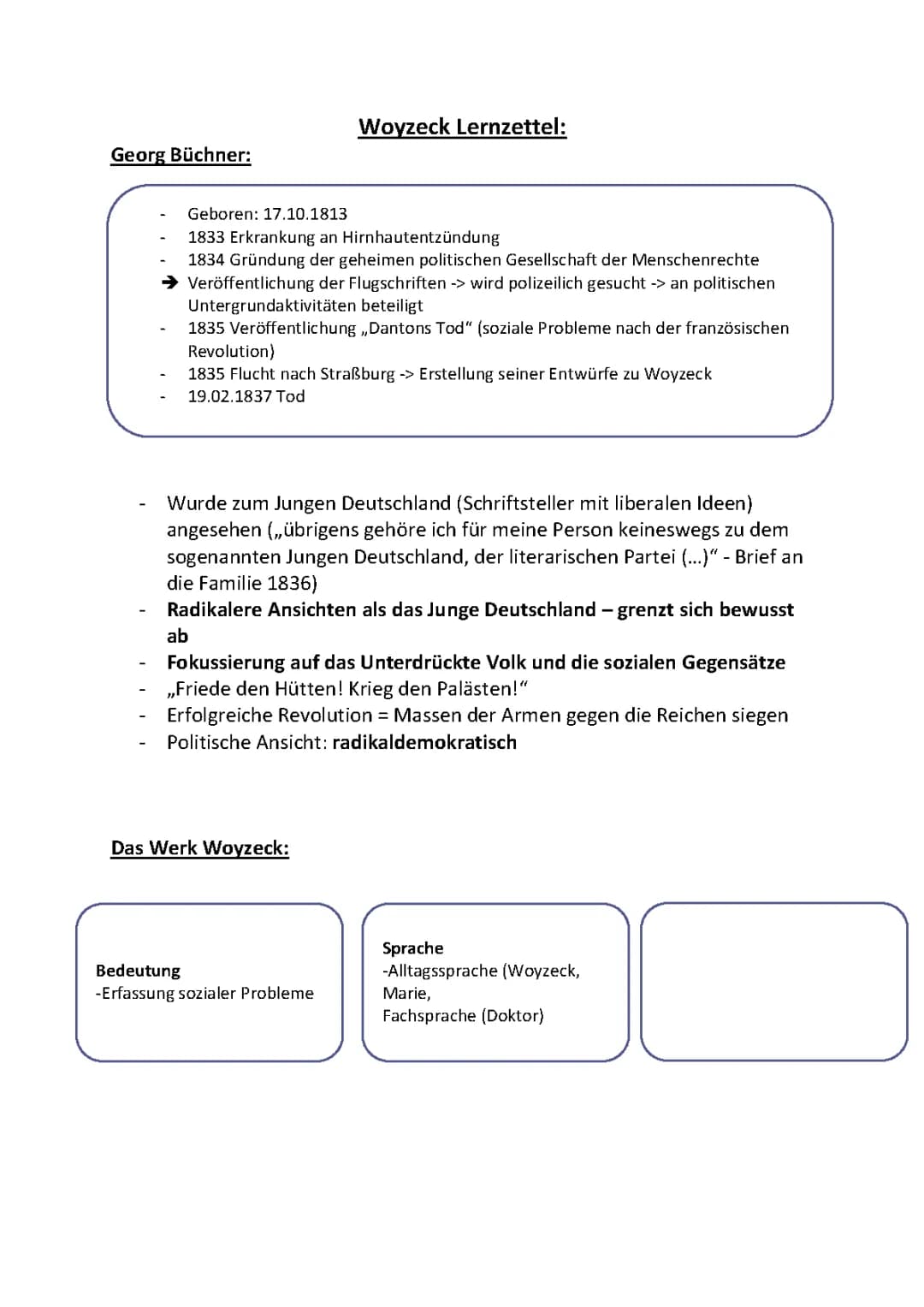 Woyzeck Lernzettel Deutsch Q1/ 11. Klasse