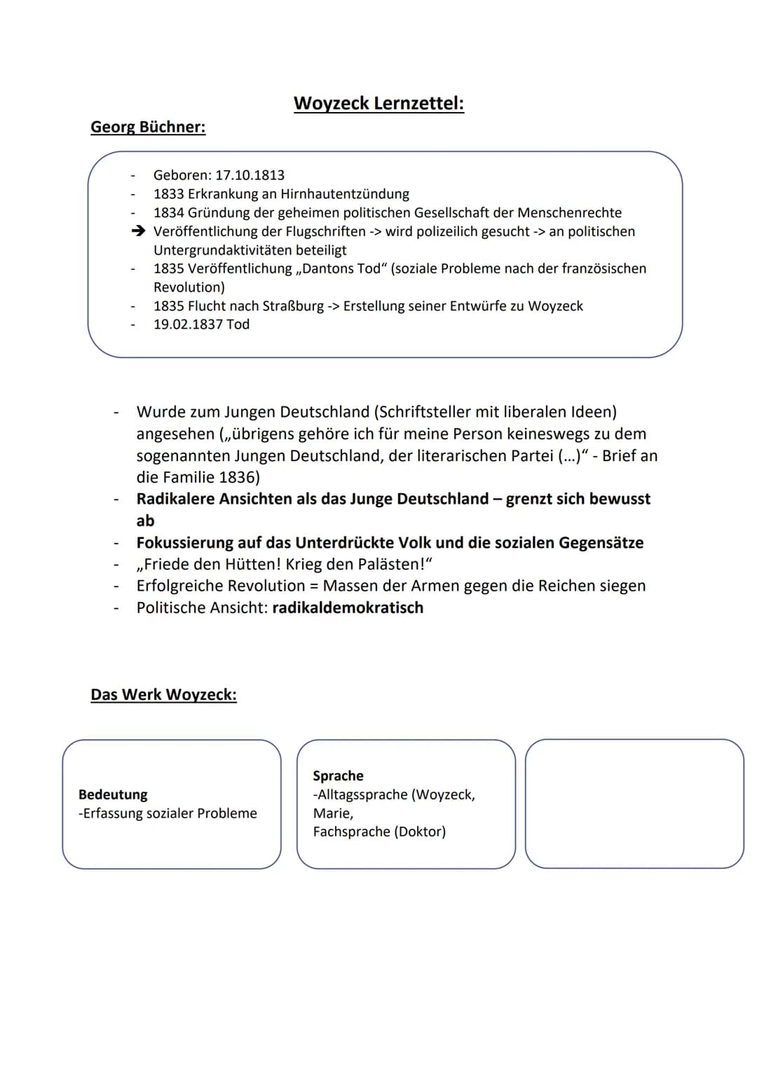 Georg Büchner:
Geboren: 17.10.1813
1833 Erkrankung an Hirnhautentzündung
1834 Gründung der geheimen politischen Gesellschaft der Menschenrec