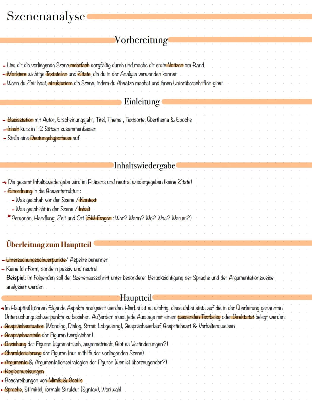 Szenenanalyse
Vorbereitung
- Lies dir die vorliegende Szene mehrfach sorgfältig durch und mache dir erste Notizen am Rand
- Markiere wichtig