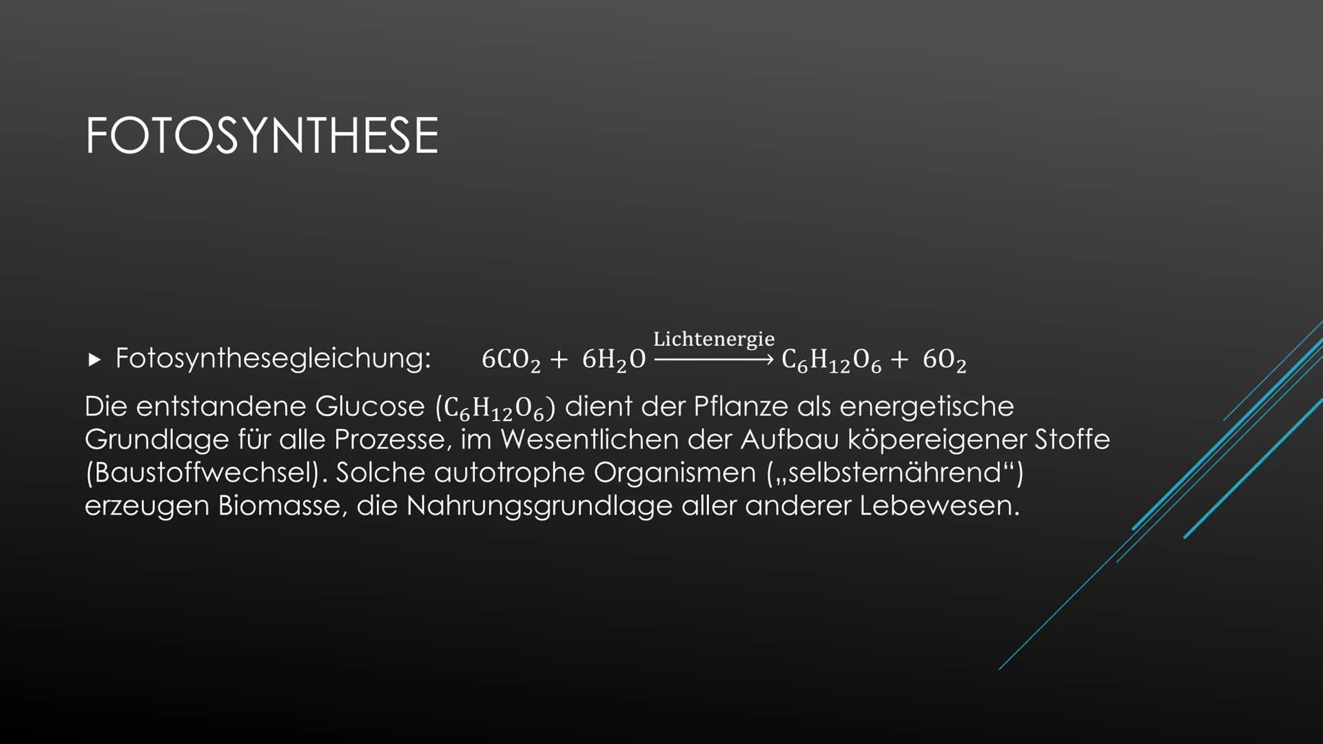 Fotosynthese:
Die Fotosynthese bildet die Grundlage aller Stoffwechselreaktionen auf der Erde. Aus den anorganischen
Molekülen H₂0 und CO₂ s