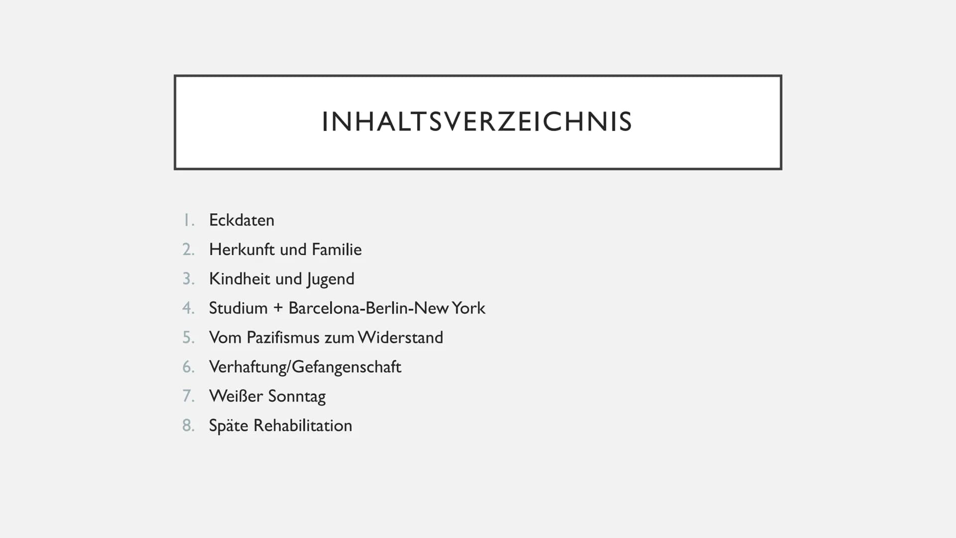 DIETRICH BONHOEFFER INHALTSVERZEICHNIS
I.
Eckdaten
2. Herkunft und Familie
3. Kindheit und Jugend
4. Studium + Barcelona-Berlin-New York
5. 