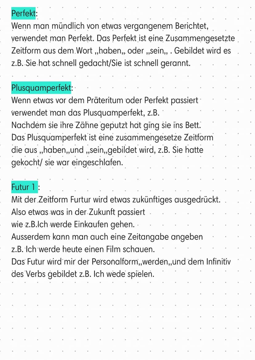 seitformen
Verschiedene Zeitformen
- Präsens
- Präteritum
Perfekt
-
- Plusquamperfekt
- Futur -1
*Bei den unregelmässigen
Verben ändert sich