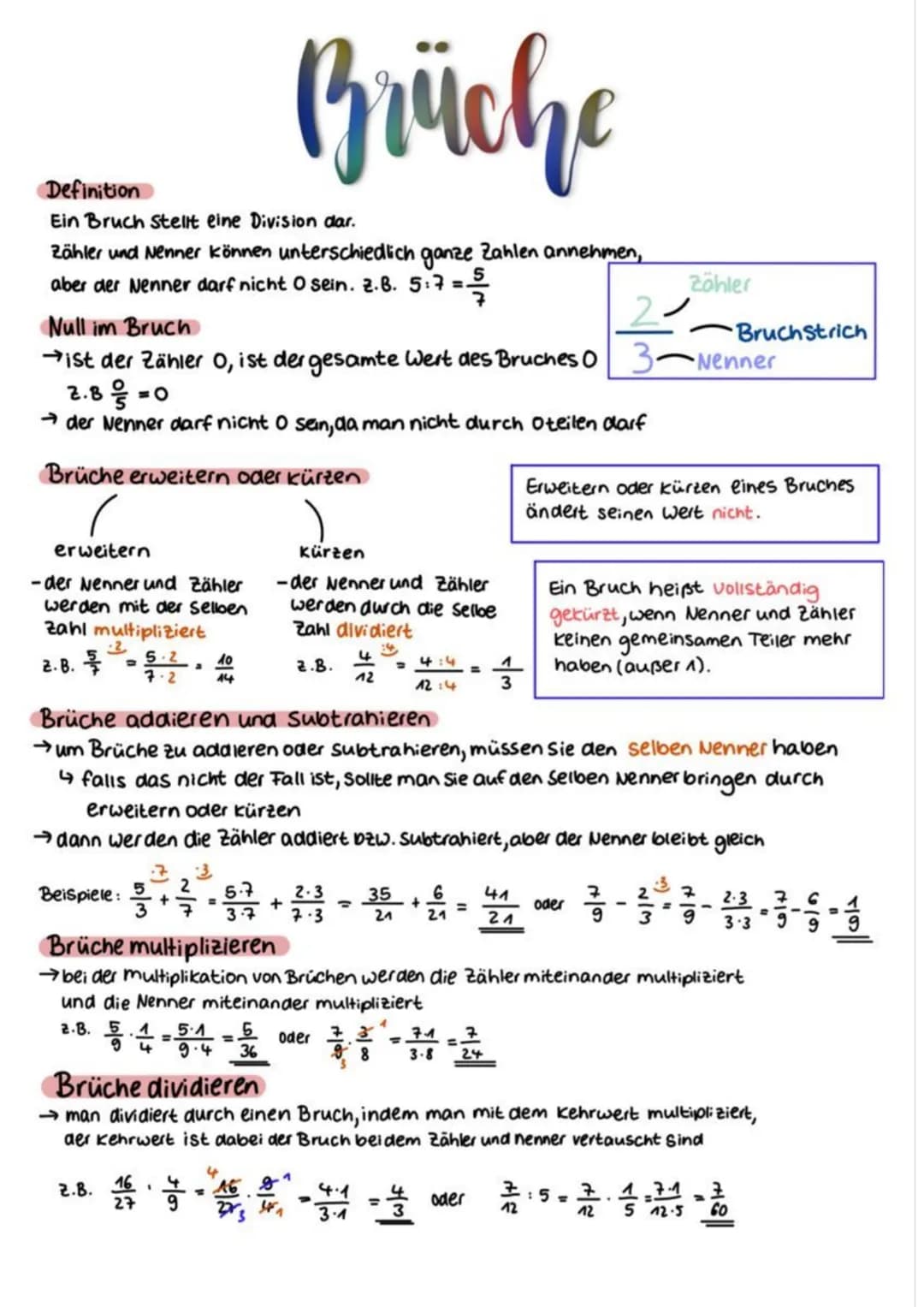 Brüche
Definition
Ein Bruch stellt eine Division dar.
Zähler und Nenner können unterschiedlich ganze Zahlen annehmen,
aber der Nenner darf n