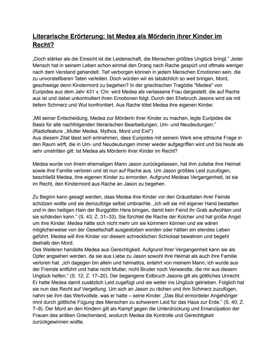 Literarische Erörterung Medea Euripides