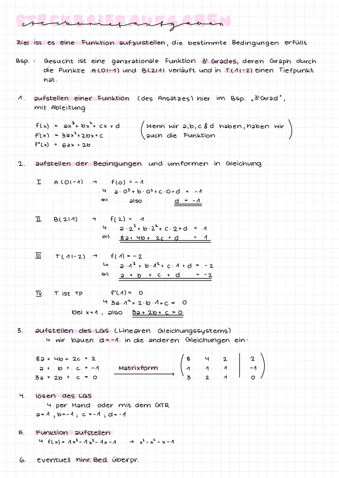 even
Ziel ist es eine Funktion aufzustellen, die bestimmte Bedingungen erfüllt
Bsp.: Gesucht ist eine ganzrationale Funktion 3¹ Grades, dere