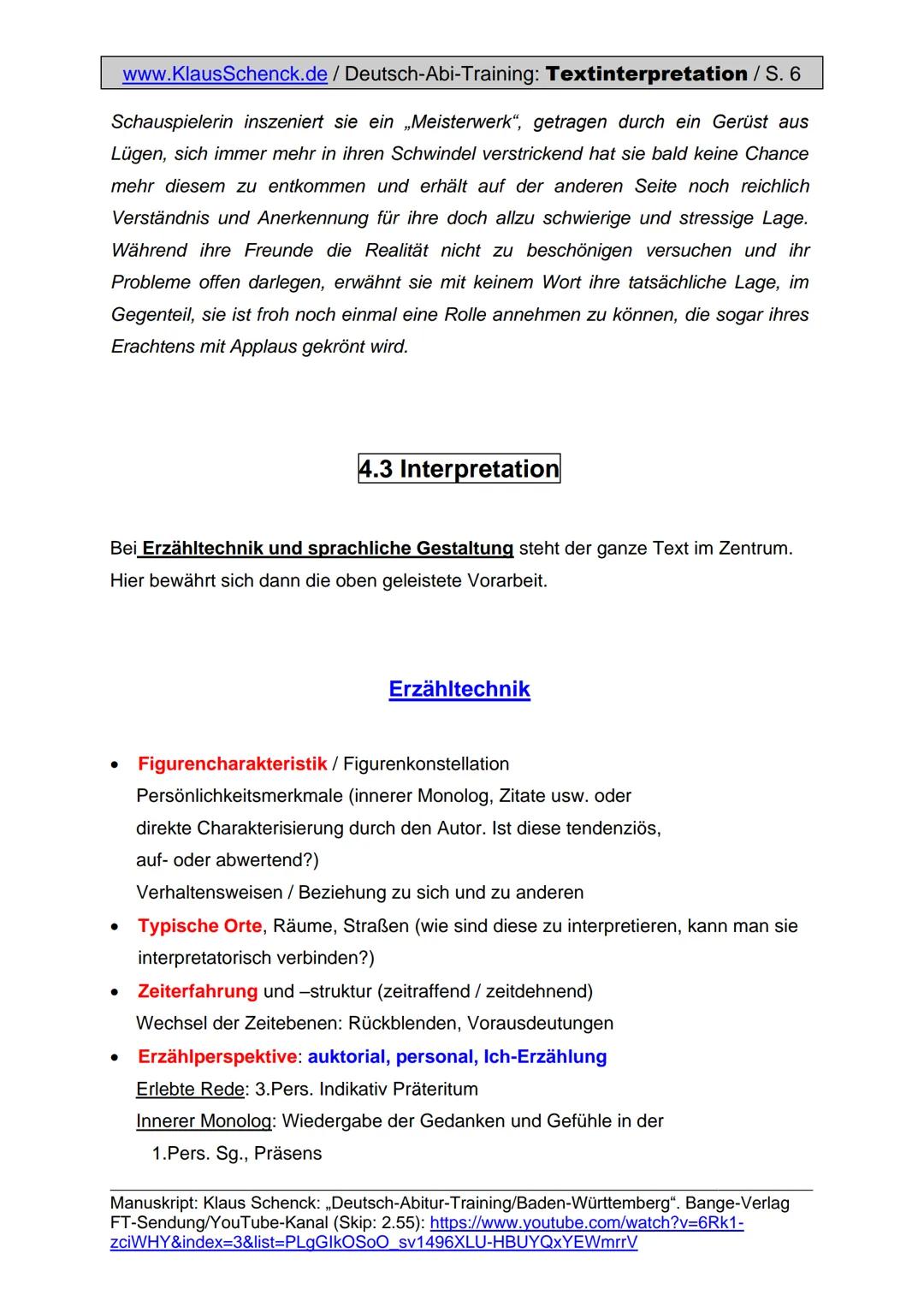 www.KlausSchenck.de / Deutsch-Abi-Training: Textinterpretation / S. 1
Textinterpretation / Prosa (Aufgabe II)
Hm, Textinterpretation, mal ga
