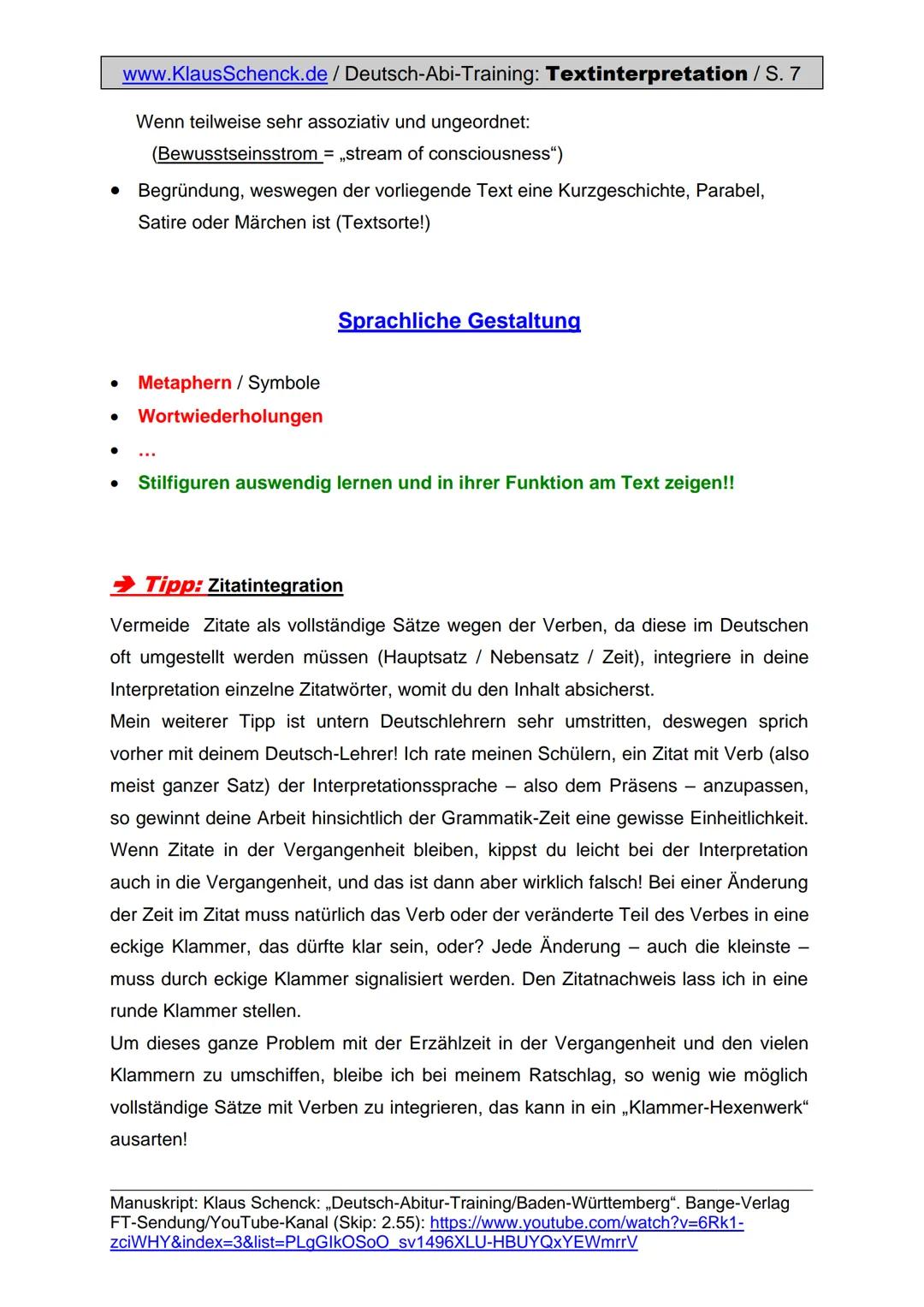 www.KlausSchenck.de / Deutsch-Abi-Training: Textinterpretation / S. 1
Textinterpretation / Prosa (Aufgabe II)
Hm, Textinterpretation, mal ga