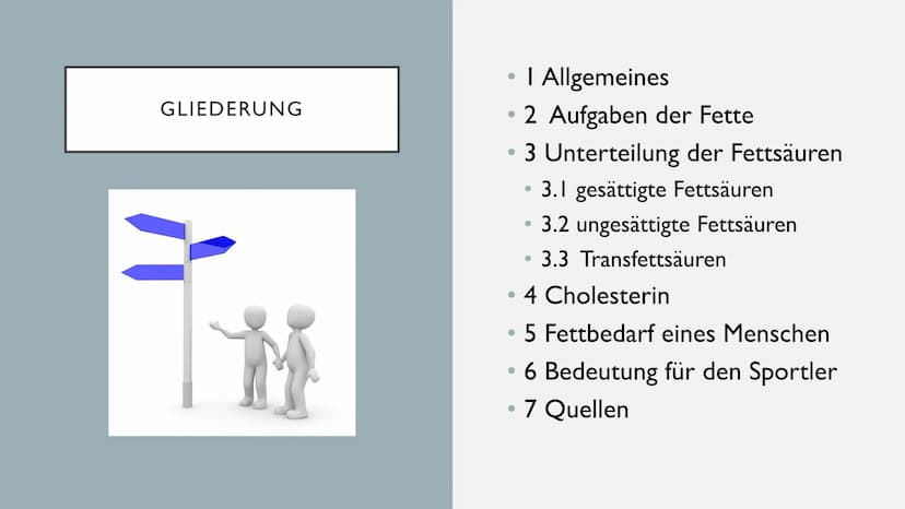 FETTE GLIEDERUNG
• I Allgemeines
2 Aufgaben der Fette
3 Unterteilung der Fettsäuren
• 3.1 gesättigte Fettsäuren
3.2 ungesättigte Fettsäuren
