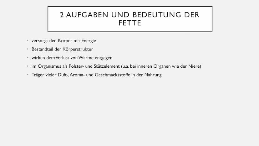 FETTE GLIEDERUNG
• I Allgemeines
2 Aufgaben der Fette
3 Unterteilung der Fettsäuren
• 3.1 gesättigte Fettsäuren
3.2 ungesättigte Fettsäuren

