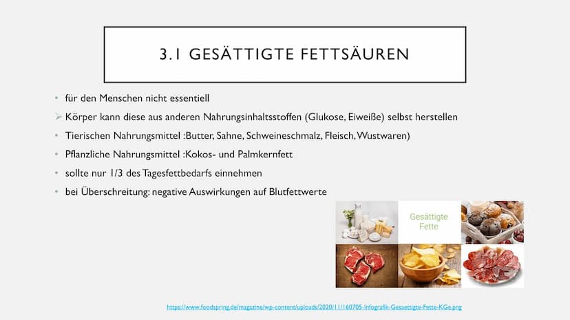 FETTE GLIEDERUNG
• I Allgemeines
2 Aufgaben der Fette
3 Unterteilung der Fettsäuren
• 3.1 gesättigte Fettsäuren
3.2 ungesättigte Fettsäuren
