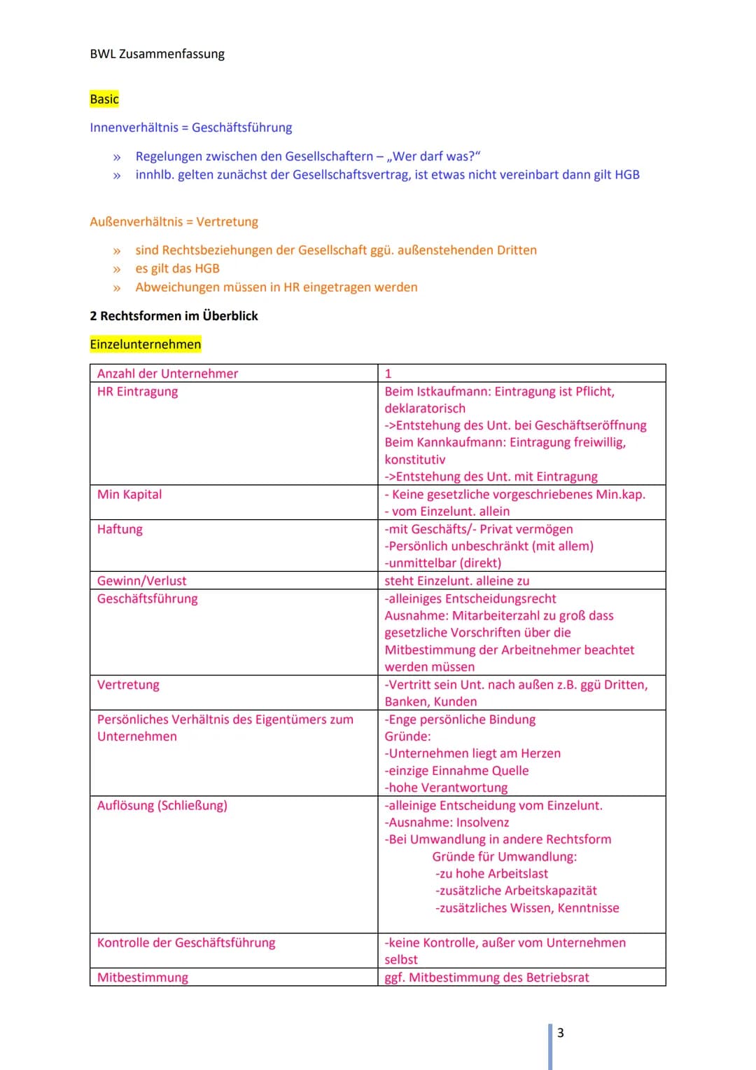 BWL Zusammenfassung
B Rechtsformen der Unternehmung
1 Handelsrechtliche Grundlagen der Unternehmung
Handelsregister:
➤ Amtliches öffentliche