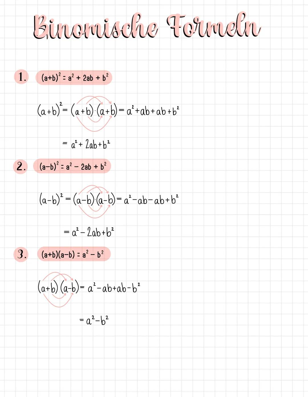 1.
2.
3.
Binomische Formeln
(a+b)² = a² + 2ab + b²
(a+b)² = (a + b)(a+b) = a² + ab + ab + b²
= a² + 2ab + b²
(a-b)²=a² - 2ab + b²
(a-b)²(a-b