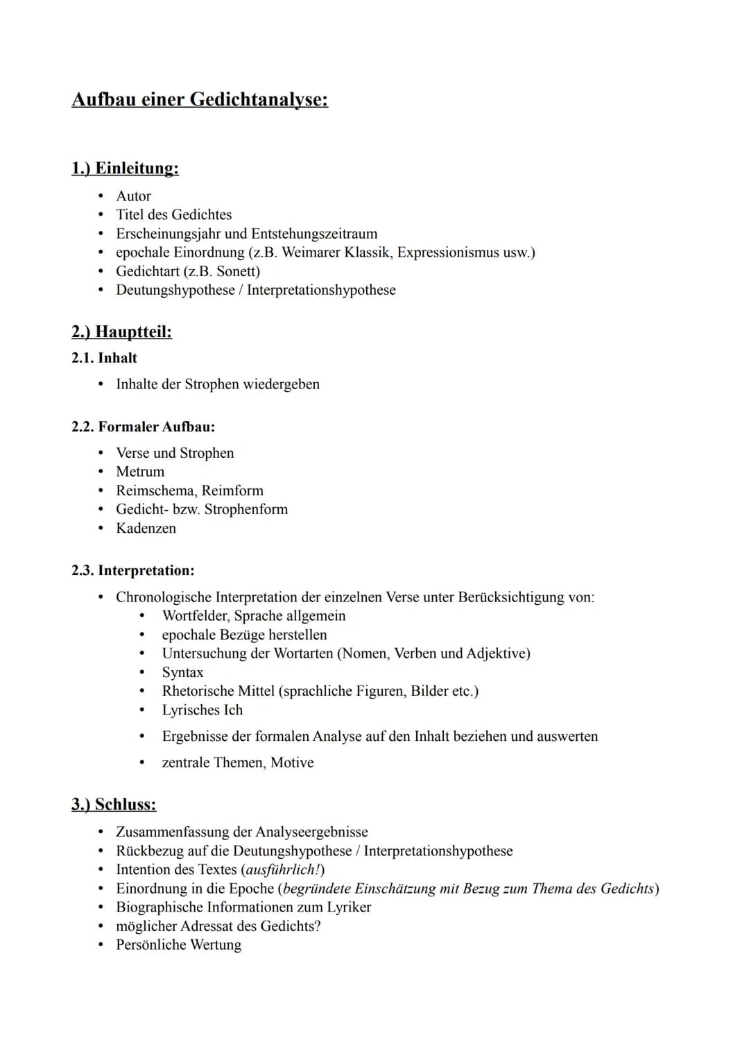 Aufbau einer Gedichtanalyse:
1.) Einleitung:
Autor
Titel des Gedichtes
●
Erscheinungsjahr und Entstehungszeitraum
• epochale Einordnung (z.B