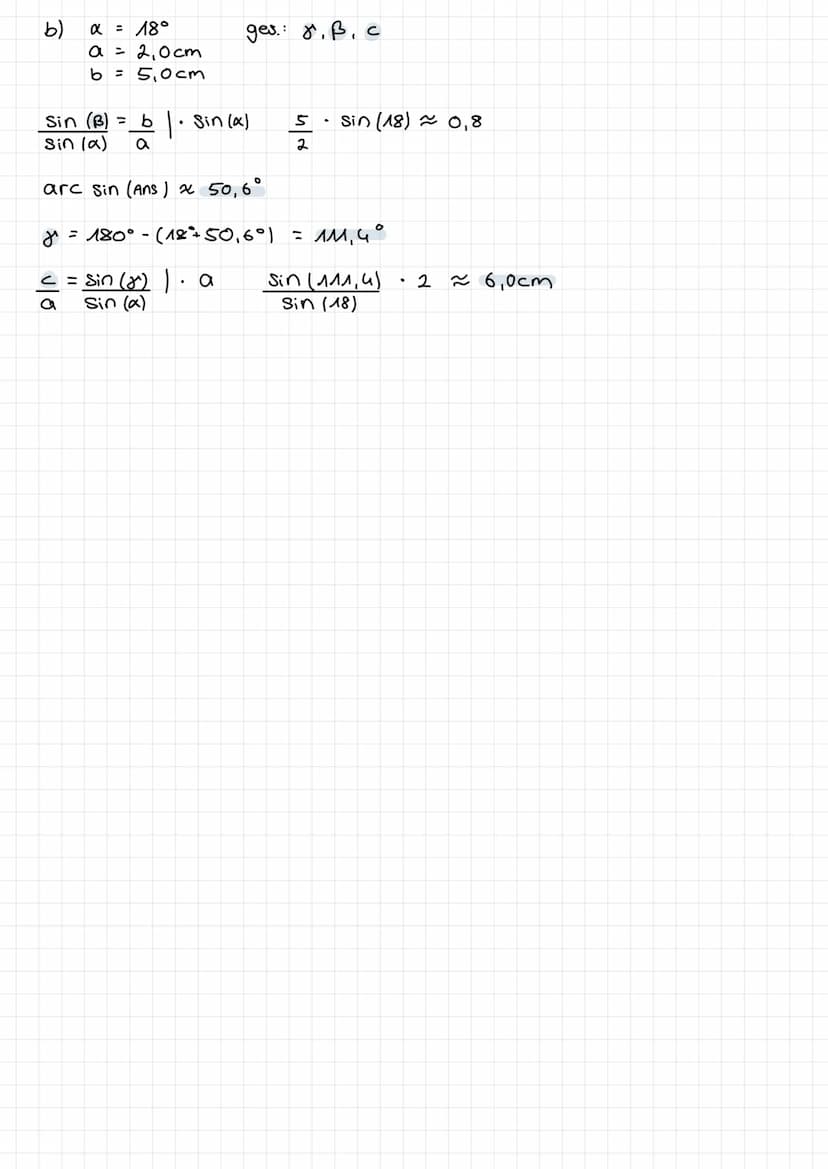 Skizze
A
A FBC
α
b
A A FC Sin (x) = he
gleichsetzen
Sinussatz
analog gilt
Beispiel
a)
Sin (B) = he
a
he
F
α = 42°
B = 72°
a = 6,0cm
SINUSSAT