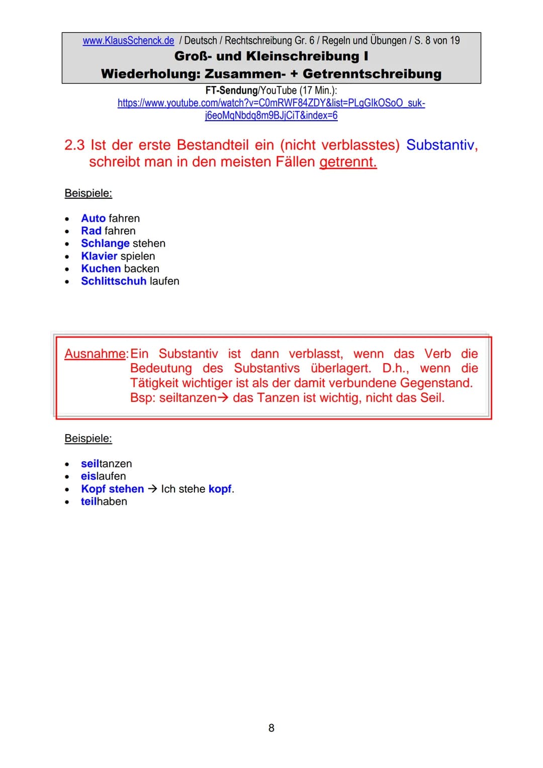 1. Groß- und Kleinschreibung
1.1 Aus Substantiven entstandene Wörter anderer Wortarten
werden klein geschrieben.
www.KlausSchenck.de / Deuts