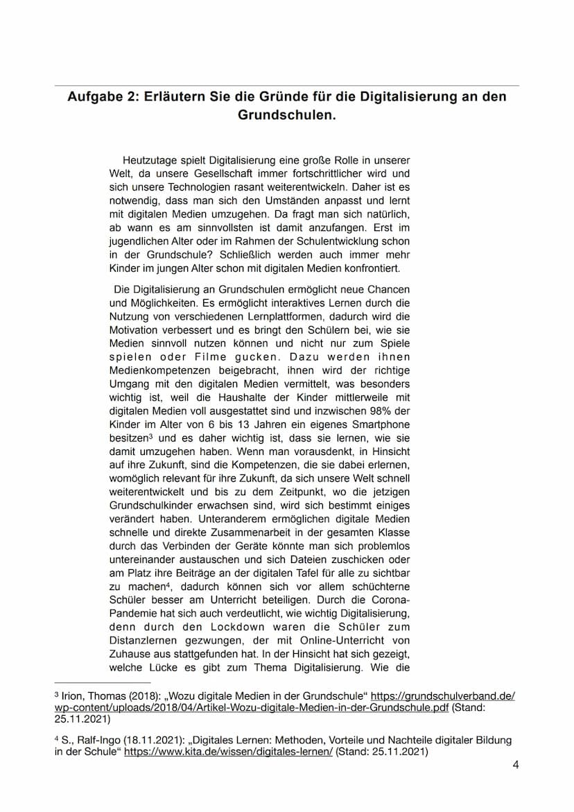 Inhaltsverzeichnis
Aufgabe 1: Beschreiben Sie die Digitalisierung an der Grundschule Bardowick. 3
Aufgabe 2: Erläutern Sie die Gründe für di