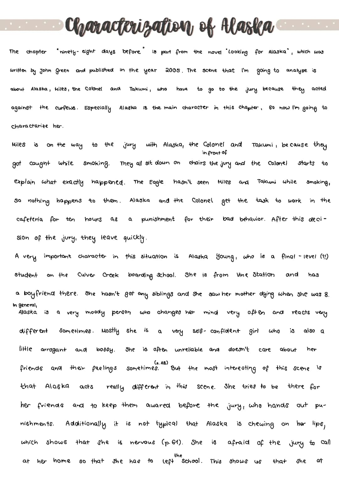 Characterization of Alaska Young - Looking for Alaska