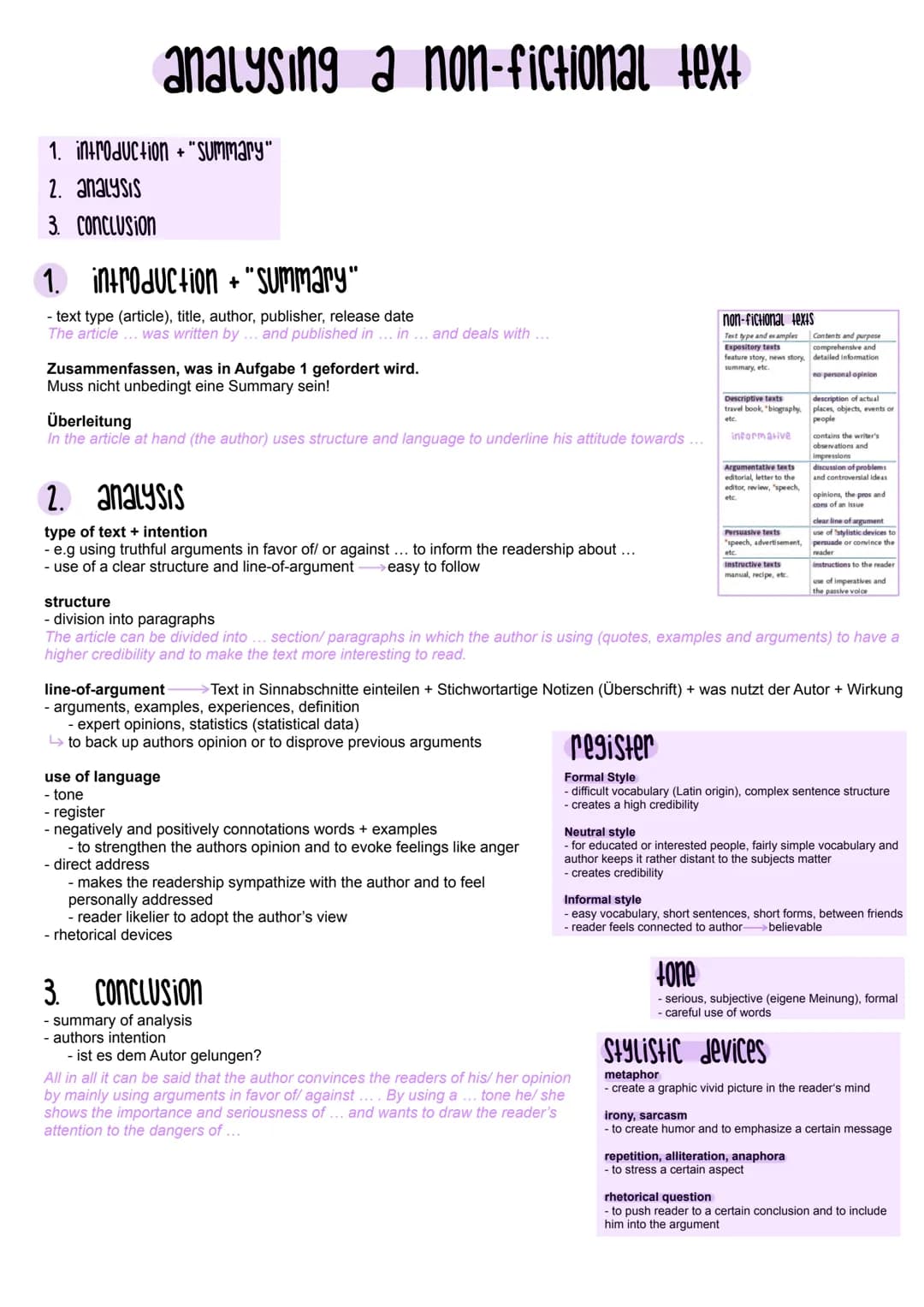 analysing a non-fictional text
1. introduction +"Summary"
2. analysis
3. Conclusion
1. introduction + "Summary"
- text type (article), title