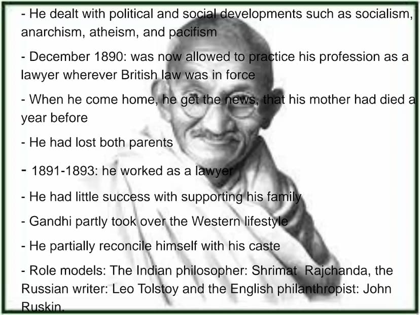Mahatma
Gandhi Inhalt
.Parents, childhood and Youth
.Studies
.First resistance Actions
.Two highlights in his life:
→ The salt marsh
→ The h
