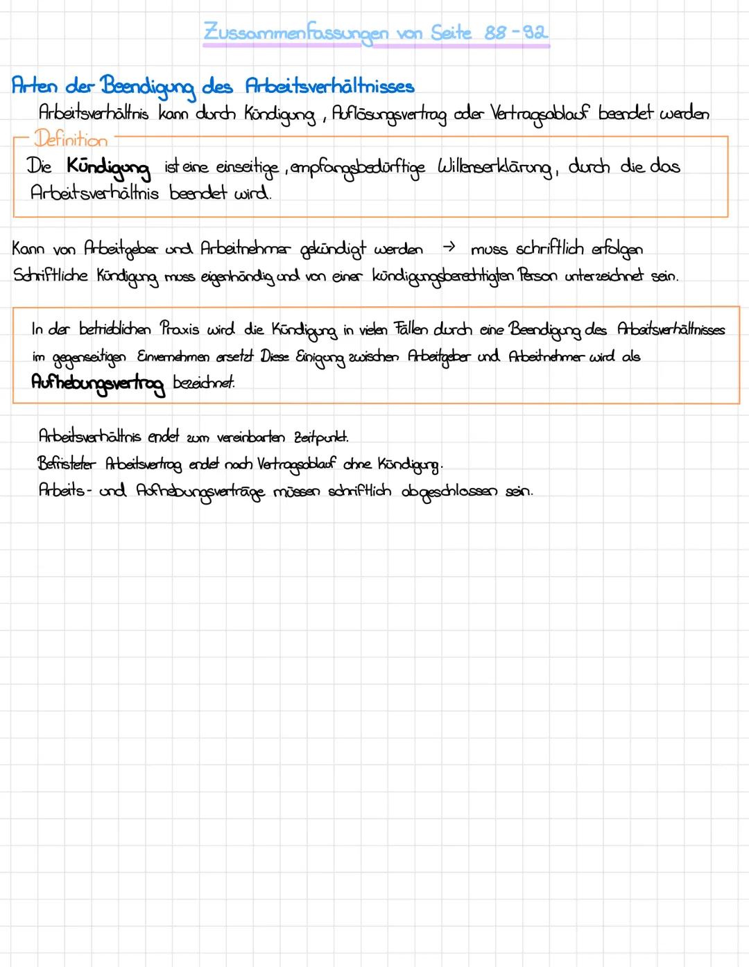 Zussammenfassungen von Seite 88-92
Arten der Beendigung des Arbeitsverhältnisses
Arbeitsverhältnis kann durch Kündigung, Auflösungsvertrag o