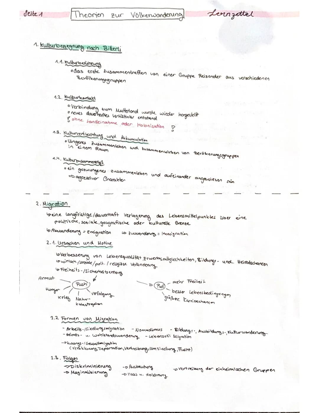 Seite 1
Theorien zur Völkerwanderung/
1. Kulturbegegnung nach Bitterli
1.1. Kulturberuhrung
odas erste Zusammentreffen von einer Gruppe Reis