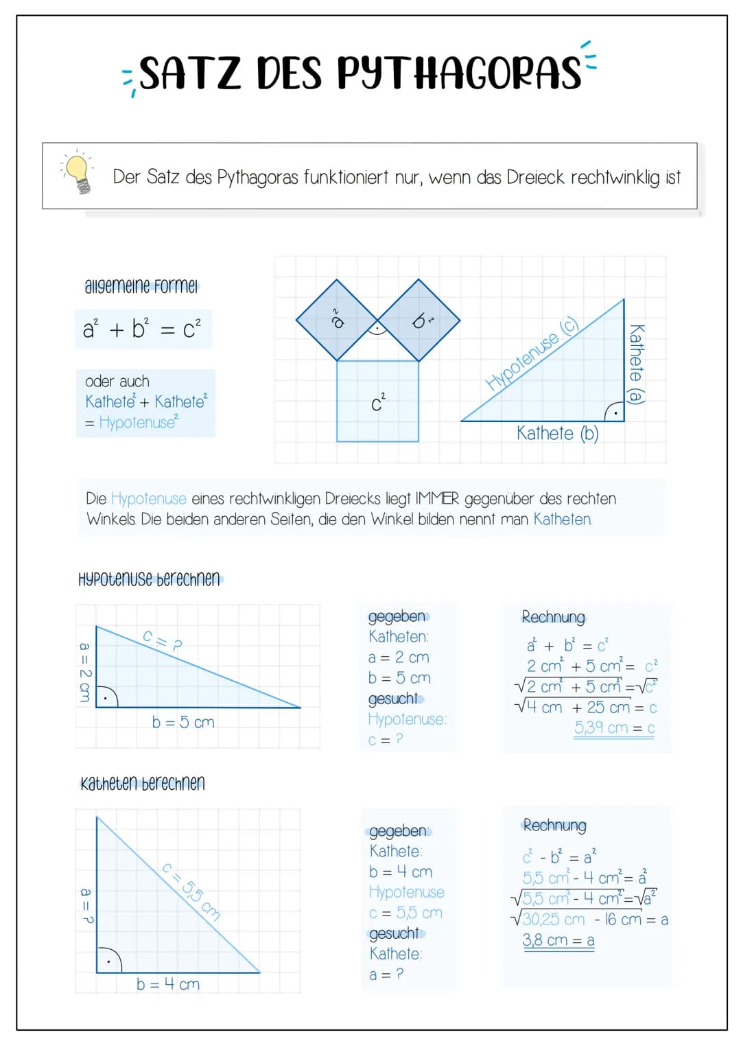 SATZ DES PYTHAGORAS
allgemeine Formel
a² + b² = c²
Der Satz des Pythagoras funktioniert nur, wenn das Dreieck rechtwinklig ist
oder auch
Kat