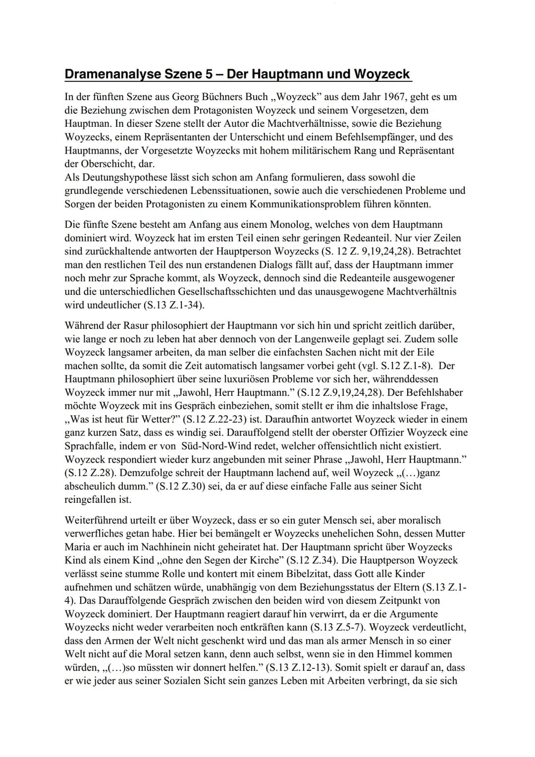 Dramenanalyse Szene 5 Der Hauptmann und Woyzeck
In der fünften Szene aus Georg Büchners Buch ,,Woyzeck" aus dem Jahr 1967, geht es um
die Be