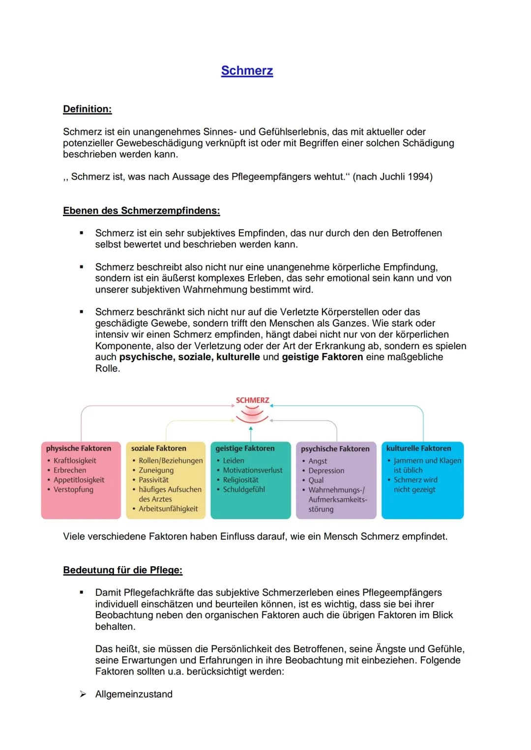 Definition:
Schmerz ist ein unangenehmes Sinnes- und Gefühlserlebnis, das mit aktueller oder
potenzieller Gewebeschädigung verknüpft ist ode