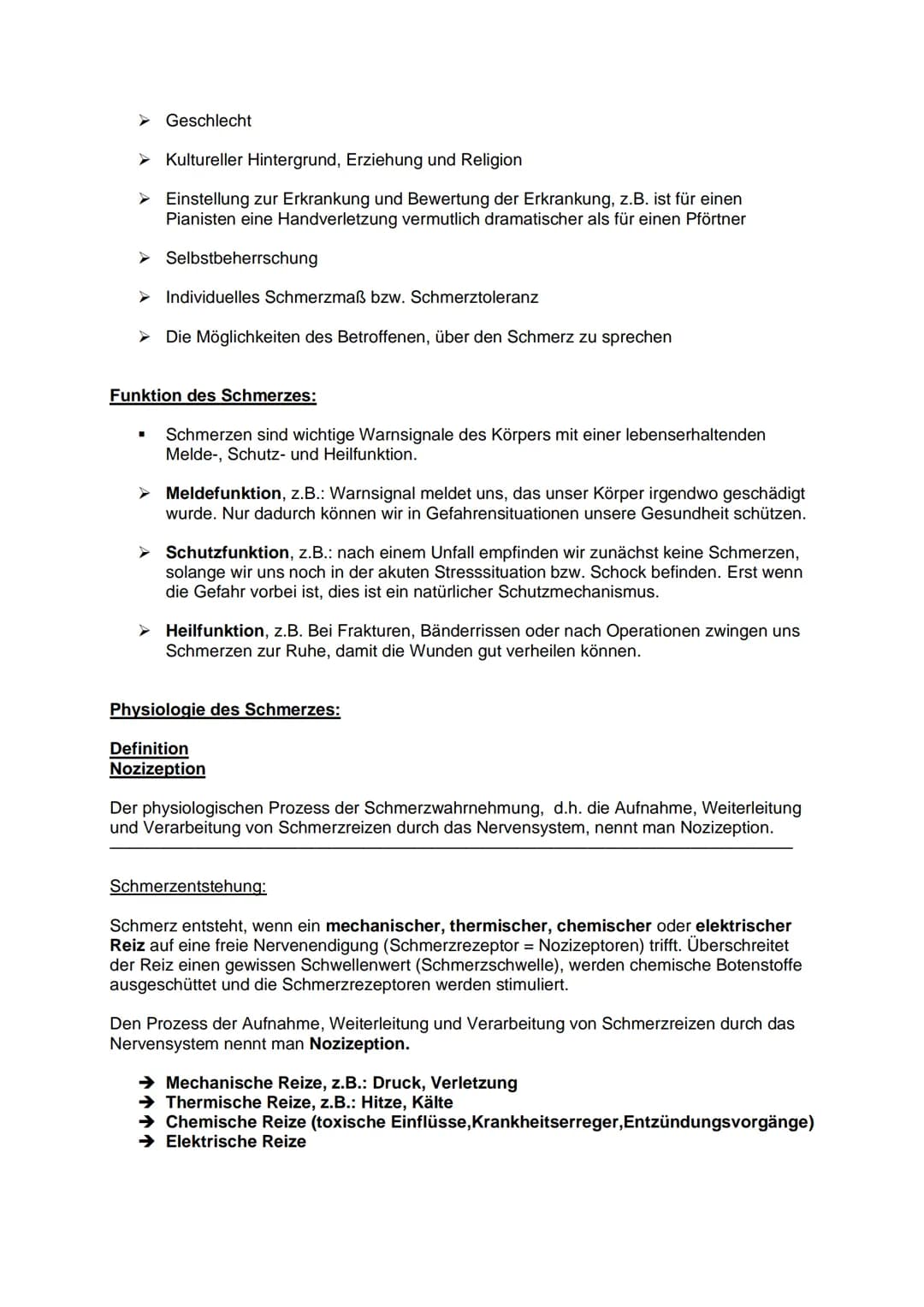 Definition:
Schmerz ist ein unangenehmes Sinnes- und Gefühlserlebnis, das mit aktueller oder
potenzieller Gewebeschädigung verknüpft ist ode