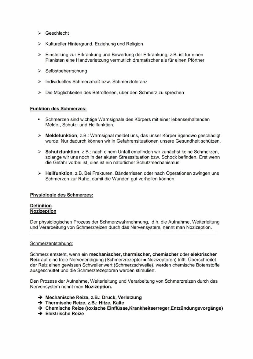 Definition:
Schmerz ist ein unangenehmes Sinnes- und Gefühlserlebnis, das mit aktueller oder
potenzieller Gewebeschädigung verknüpft ist ode