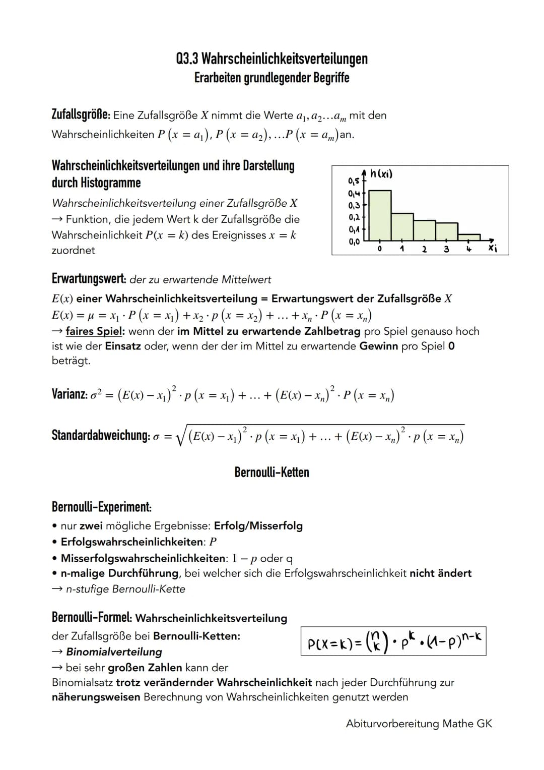 Stochastik
Q3.1 Grundlegende Begriffe der Stochastik
Grundlagen der Wahrscheinlichkeitstheorie
Zufallsexperiment: Experiment, bei welchem di