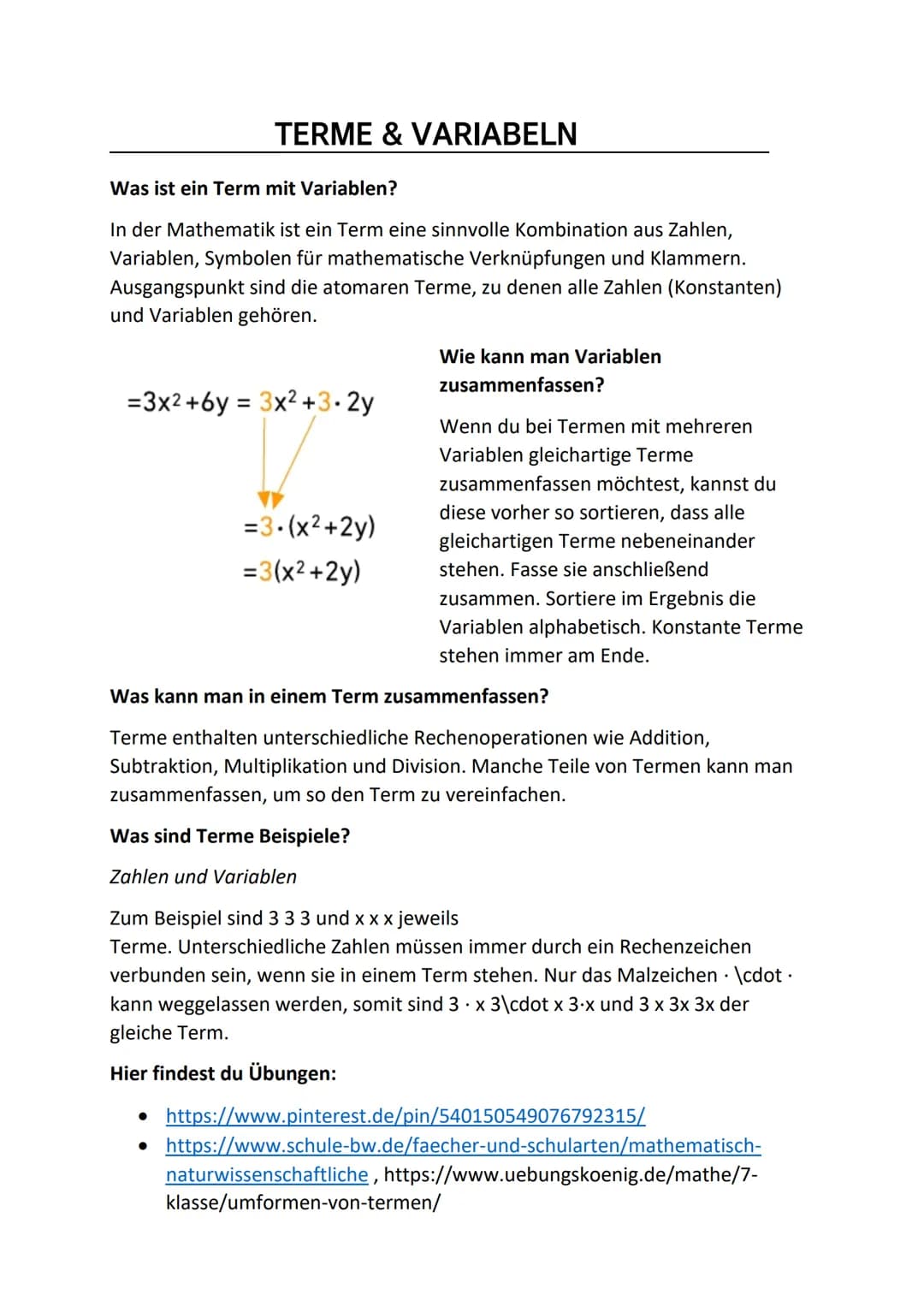 TERME & VARIABELN
Was ist ein Term mit Variablen?
In der Mathematik ist ein Term eine sinnvolle Kombination aus Zahlen,
Variablen, Symbolen 