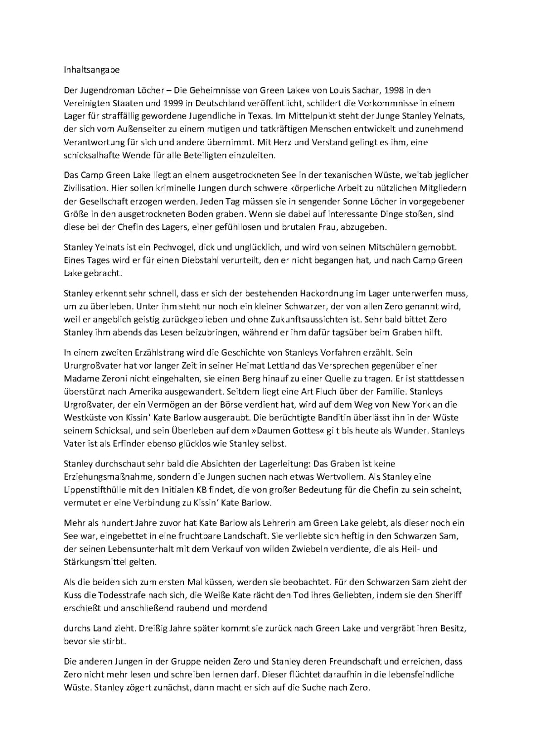 Inhaltsangabe zum buch Löcher 