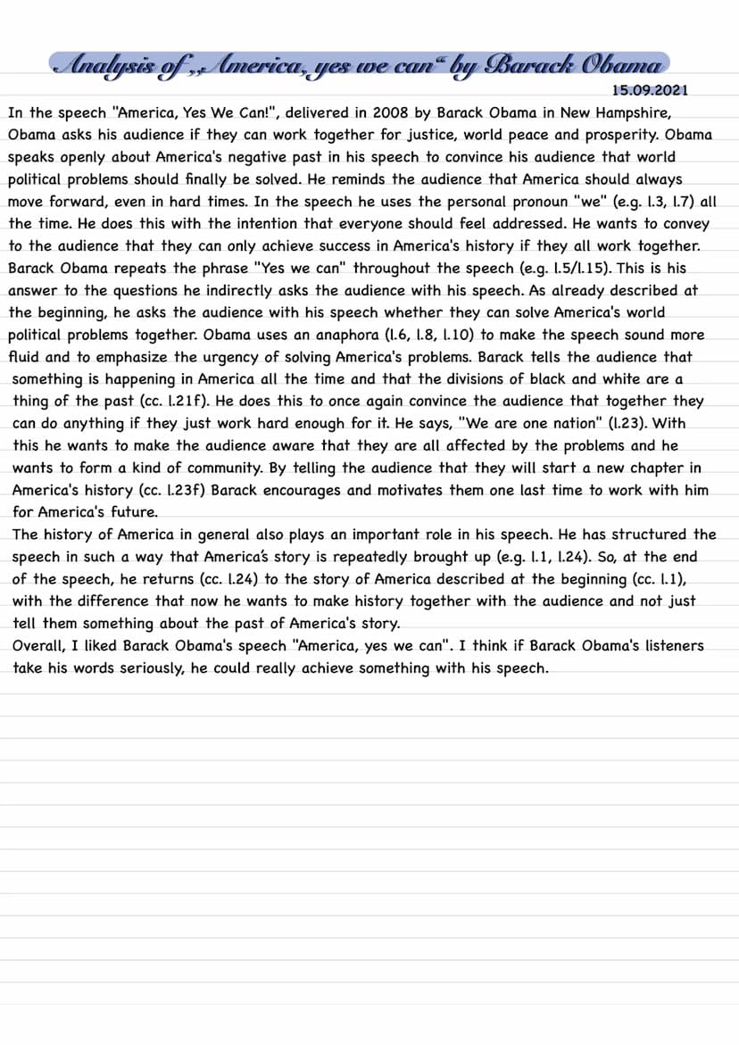 Analysis of Barack Obama's speech
17.09.2021
Barack Obama's speech was given in Springfield in 2007 and deals with past and future changes o