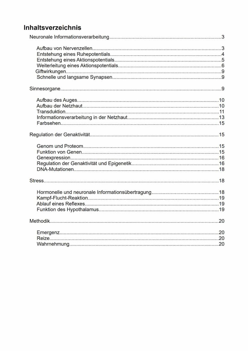 Biologie
eA
Semester 3
- Kommunikation in biologischen Systemen - Inhaltsverzeichnis
Neuronale Informationsverarbeitung..
Aufbau von Nervenz