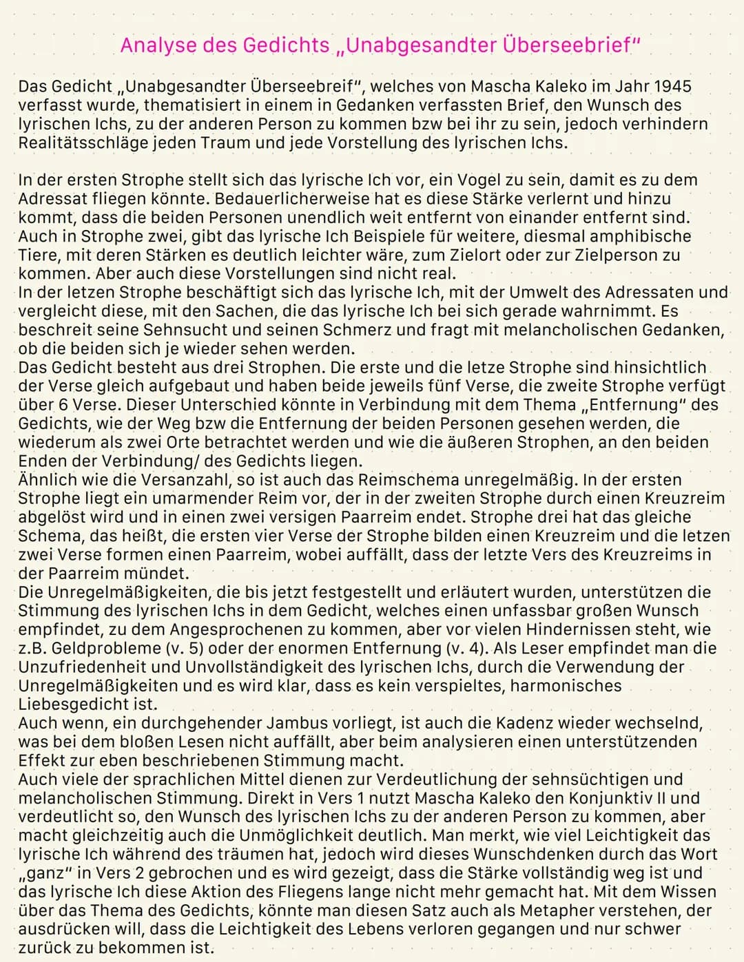 Analyse Gedicht “Unabgesandter Überseebrief”