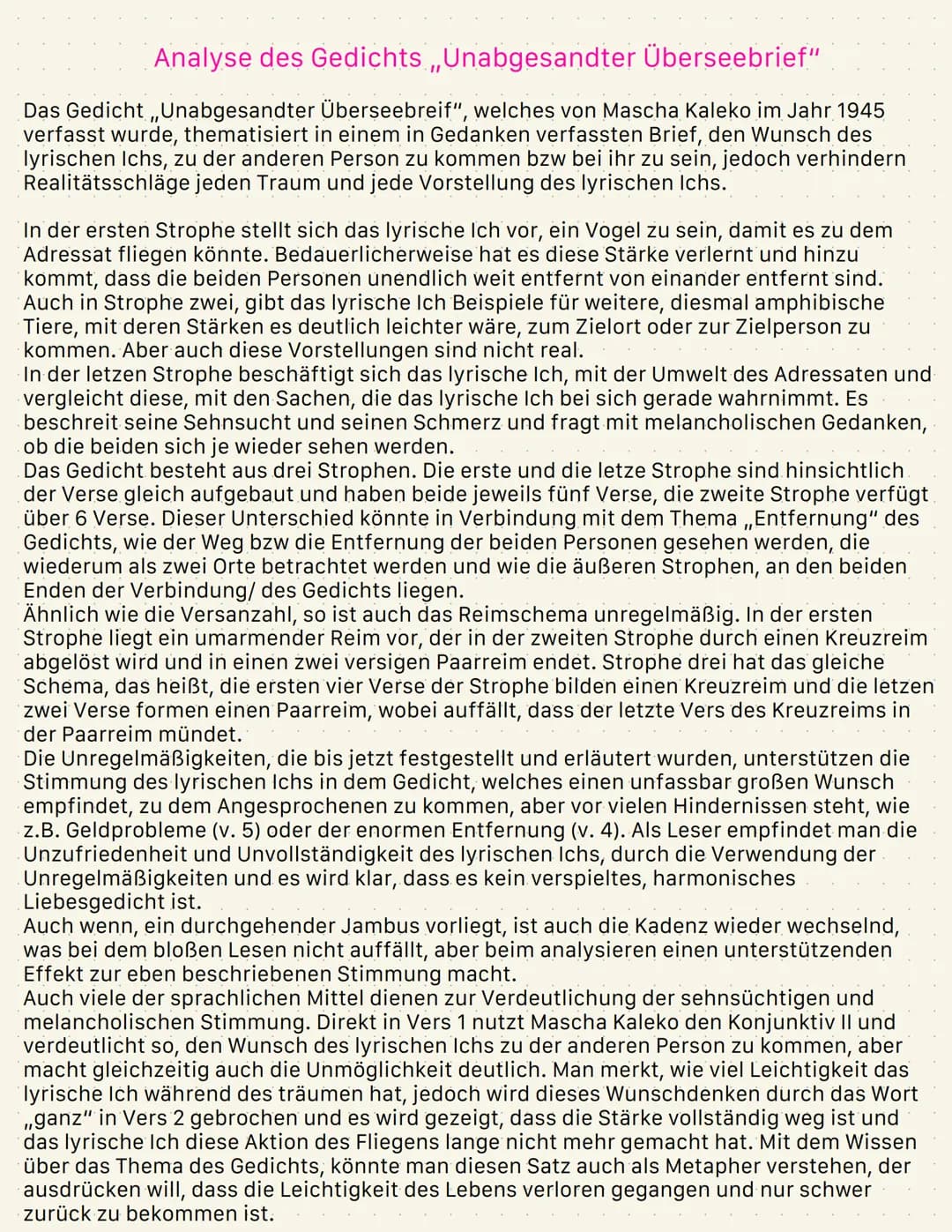 Analyse des Gedichts „Unabgesandter Überseebrief“
Das Gedicht ,,Unabgesandter Überseebreif", welches von Mascha Kaleko im Jahr 1945
verfasst