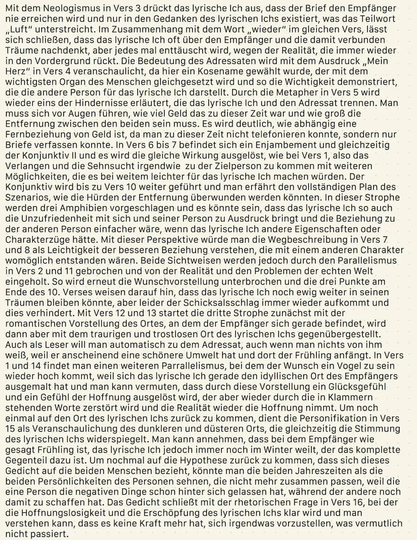 Analyse des Gedichts „Unabgesandter Überseebrief“
Das Gedicht ,,Unabgesandter Überseebreif", welches von Mascha Kaleko im Jahr 1945
verfasst