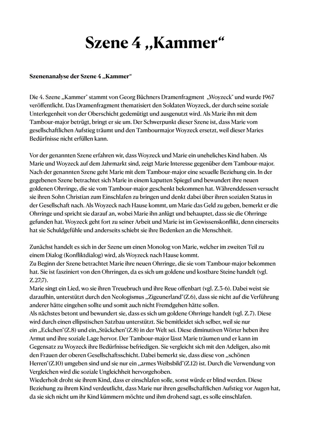 Szene 4 ,,Kammer"
Szenenanalyse der Szene 4 ,,Kammer"
Die 4. Szene ,,Kammer" stammt von Georg Büchners Dramenfragment ,,Woyzeck" und wurde 1