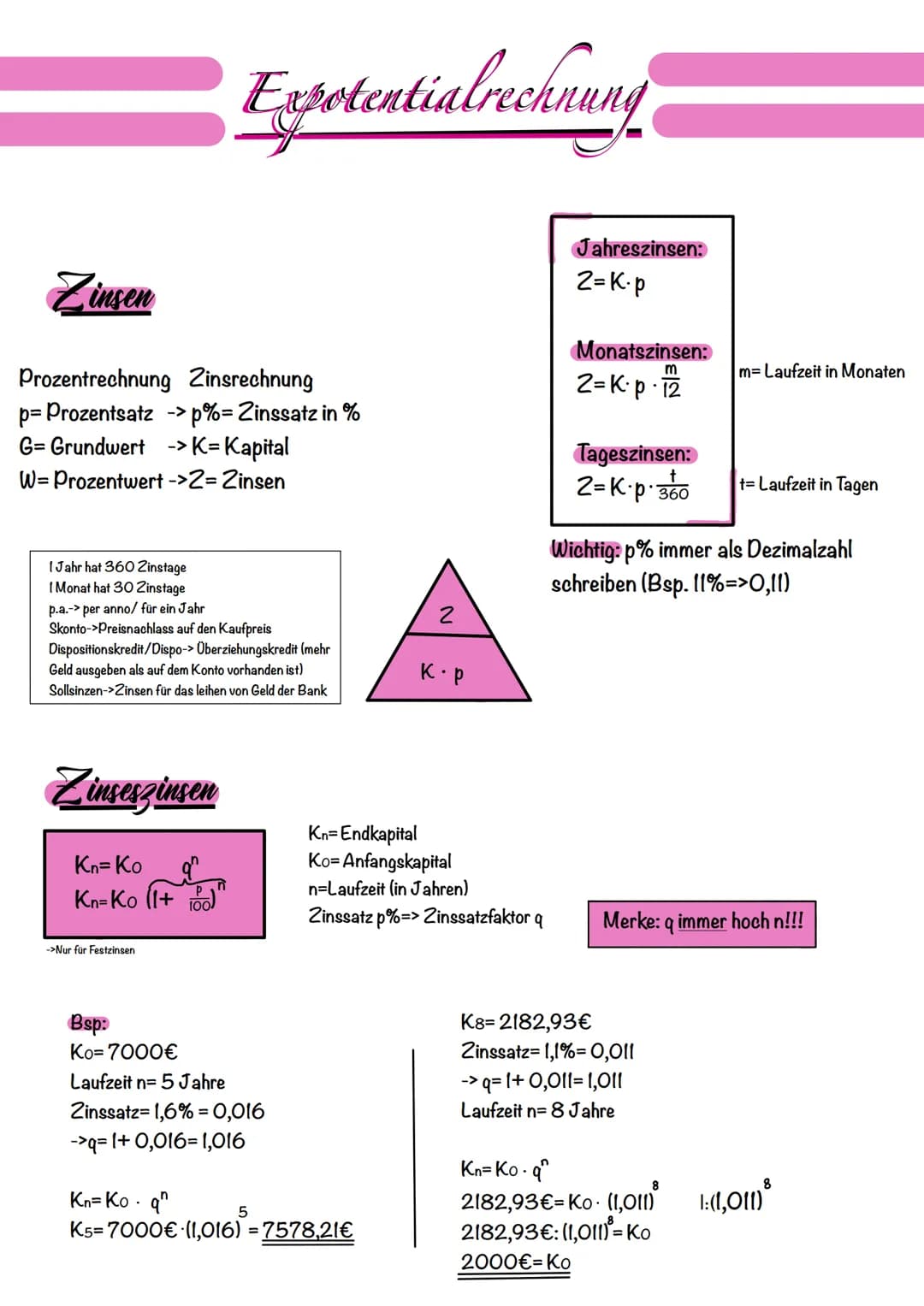 Zinsen
Prozentrechnung Zinsrechnung
p= Prozentsatz ->p%= Zinssatz in %
G= Grundwert ->
> K= Kapital
W= Prozentwert ->2= Zinsen
1 Jahr hat 36