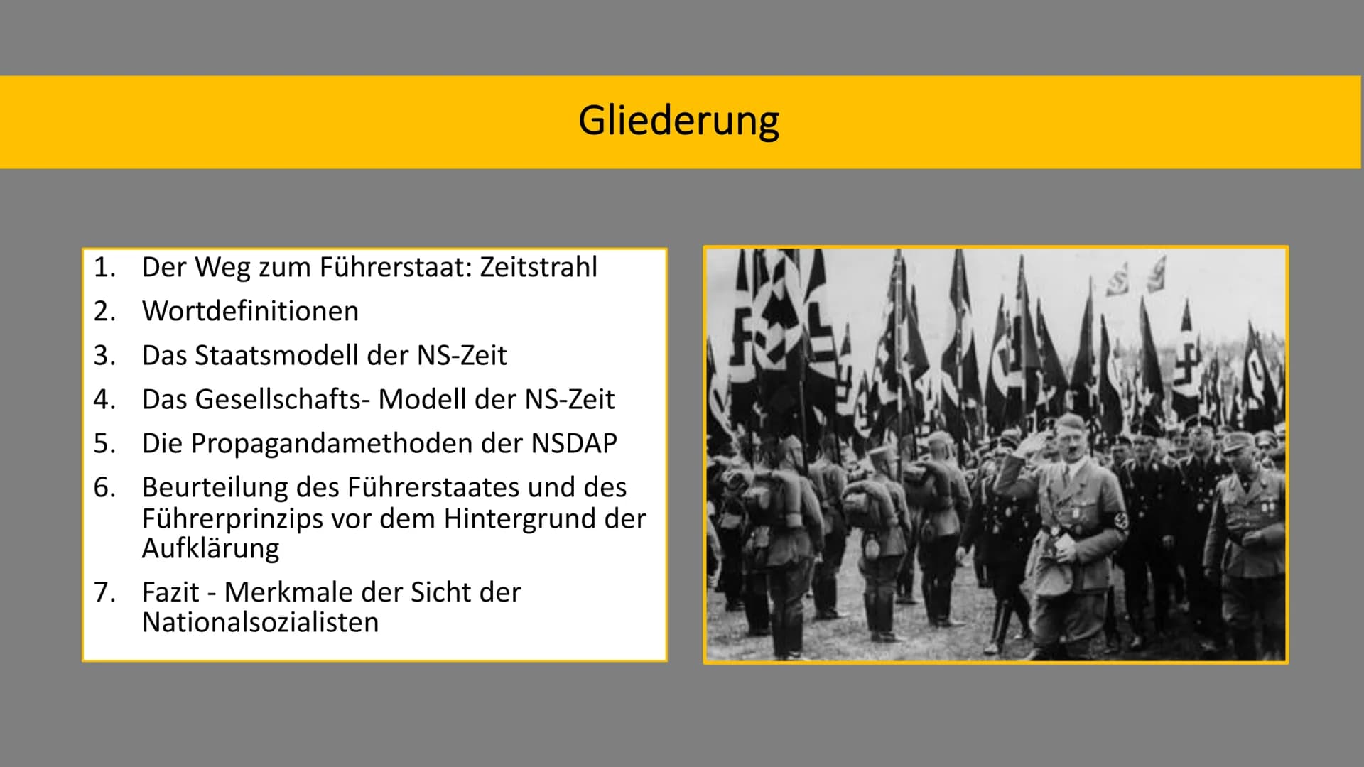 Der ,,Führerstaat": Die nationalsozialistische Sicht Gliederung
1. Der Weg zum Führerstaat: Zeitstrahl
2. Wortdefinitionen
3. Das Staatsmode