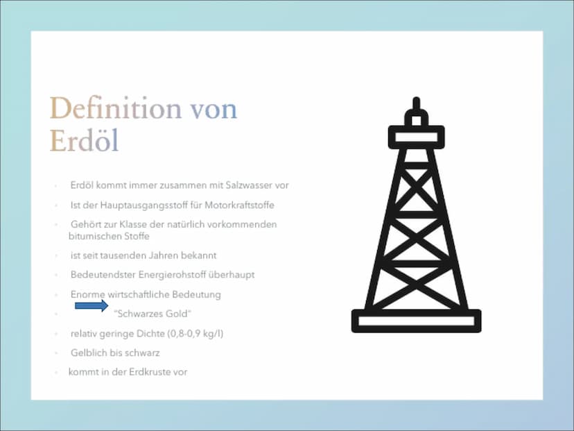 Erdöl Inhalt
Definition von Erdöl
Gewinnung/Herstellung von Erdöl
Verwendung von Erdöl
Geschichte von Erdöl
Vorteile und Nachteile von Erdöl
