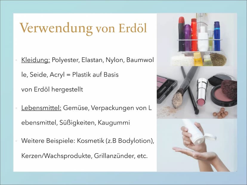 Erdöl Inhalt
Definition von Erdöl
Gewinnung/Herstellung von Erdöl
Verwendung von Erdöl
Geschichte von Erdöl
Vorteile und Nachteile von Erdöl