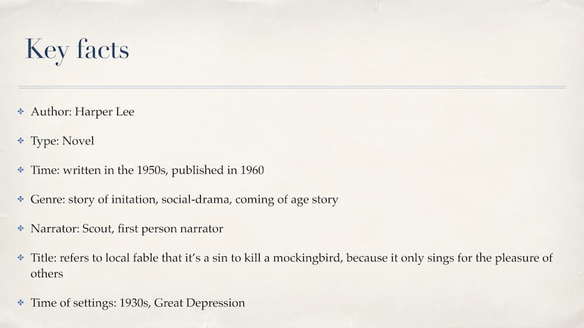 To Kill a Mockingbird
Harper Lee
Abi Vorbereitung 2023
To
Killa
Mockingbird Outline
* key facts
* Author
Summary
+ Characters
Symbol Mocking