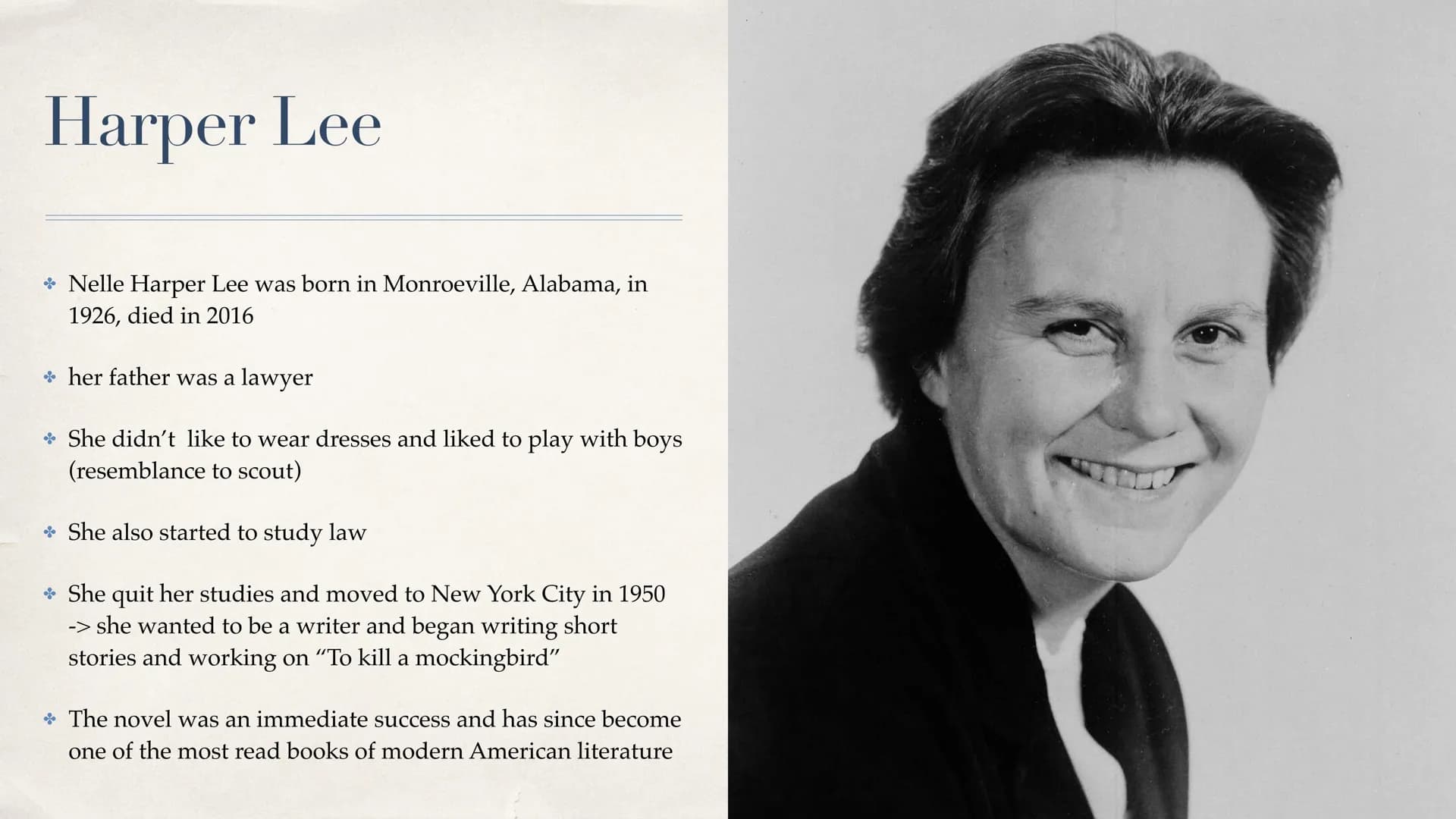 To Kill a Mockingbird
Harper Lee
Abi Vorbereitung 2023
To
Killa
Mockingbird Outline
* key facts
* Author
Summary
+ Characters
Symbol Mocking