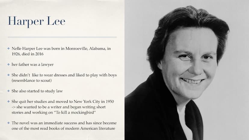 To Kill a Mockingbird
Harper Lee
Abi Vorbereitung 2023
To
Killa
Mockingbird Outline
* key facts
* Author
Summary
+ Characters
Symbol Mocking